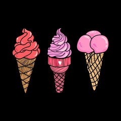 Collection of hand drawn color ice cream on black background, doodle isolated summer element, good for food design, print and dessert menu, Eps 8