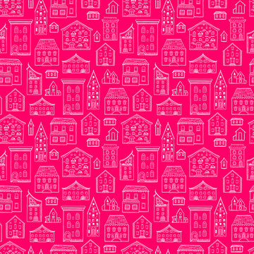 Seamless pink hand-drawn pattern, cute bright background with houses, good for design fabric, wrapping paper, print design, postcards, EPS 8 © julijuliart