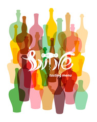 Wine tasting menu.Colored silhouettes of wine bottles. Lettering in the form of wine corkscrew. Template for restaurants, bars, tasting rooms, shops.