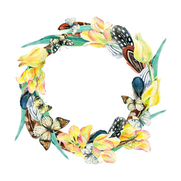 Watercolor wreath with bird feathers, flowers and butterfly
