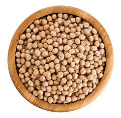 Wooden bowl with chickpeas isolated on white background.