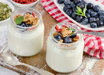 Yogurt, muesli and berries on a white wooden board