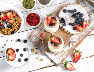 Yogurt, muesli, berries and superfoods for Healthy diet Breakfas