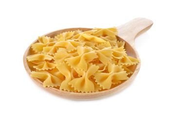 Farfalle (Bow Ties) pasta in wooden plate on white background