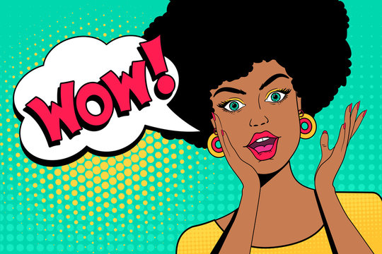 Wow pop art face. Attractive surprised african woman with open mouth and hand pointing on speech bubble. Vector colorful background in pop art retro comic style.