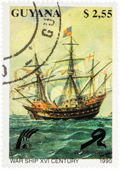 Medieval war ship (16th Century) on postage stamp