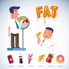fat businessman on weighing apparatus with junk food. overweight