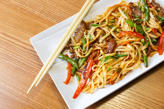Udon noodles with beef in asian restaurant
