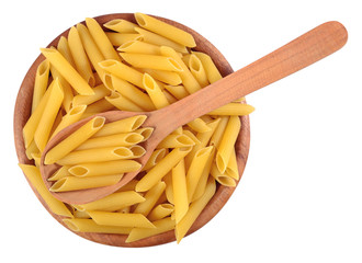 Italian pasta penne in a wooden bowl on a white