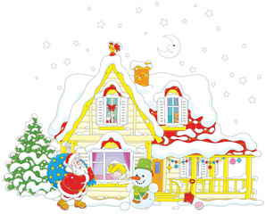 Obraz premium Santa Claus brought gifts to a little sleeping girl on a snowy Christmas eve night