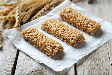 Granola bar on a grey wooden table