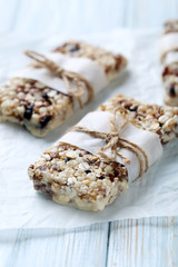 Granola bar on a blue wooden table