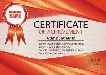 Red certificate or diploma template. Red frame. The text on separate layers. Reward. Winning the competition. Award winner. Vector illustration.