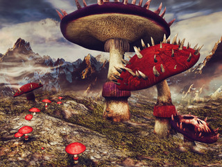 Górski krajobraz z kolorowymi kolczastymi grzybami - obrazy, fototapety, plakaty