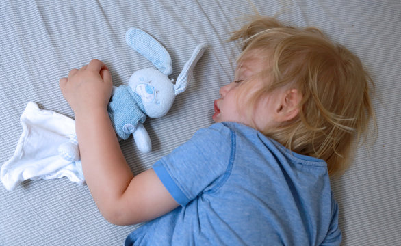 b&eacute;b&eacute; gar&ccedil;on dort avec son doudou