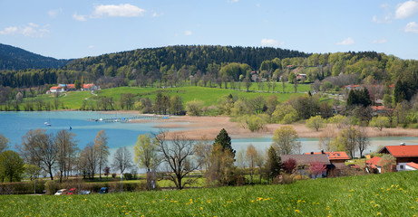 Fototapeta na wymiar Frühlingslandschaft in Gmund am Tegernsee - Blick zum Seeufer K
