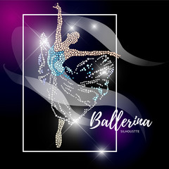 Vector ballerina silhouette isolated on black background. Dancing lady rhinestone pattern. Crystal jewelry girl portrait, ballet illustration picture.