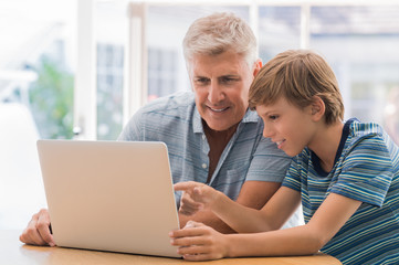 Grandfather using laptop with grandson