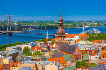 View from tower of Saint Peters Church on Riga city, Latvia - obrazy, fototapety, plakaty