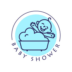 Vector simple flat kid logo. Baby, child company goods, toys shop, store. Human icon. Children icon, baby character. Happy kid sitting in the bath