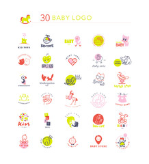 Obraz premium Vector simple flat kid logo set. Baby, child goods, toys store logo. Elephant, dolphin, cat, bird, dog, stork, chicken, bunny, castle, boy, girl icon.