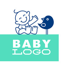 Vector simple flat kid logo. Baby, child company goods, toys shop, store, sweet shop, candy bar logo. Human icon. Children icon, sparrow bird character.