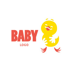 Obraz premium Vector simple flat kid logo. Baby, child company goods, toys shop, store, sweet shop, candy bar logo. Happy chicken with big head icon.