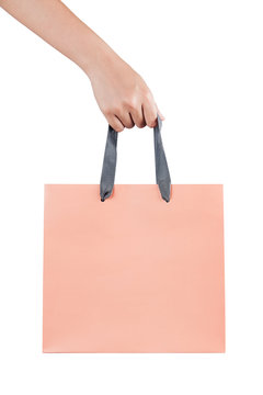 A female(woman) hand hold a pink shopping bag(paper bag) at the
