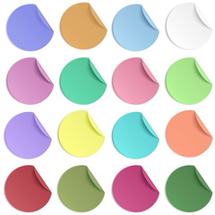 Set of pastel color round paper sticker with edge curl isolated