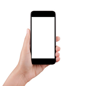 Isolated female hand holding a cellphone with white screen