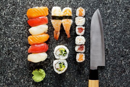 sushi background with Sushi Set nigiri and sushi Rolls, Maki, Wa