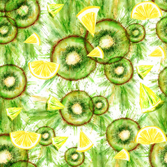 Fototapety  Watercolor pattern of tropical fruit - kiwi, citrus fruits