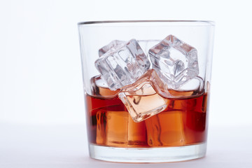 glass of whiskey with ice cubes