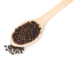 black pepper in wooden spoon isolated on white background