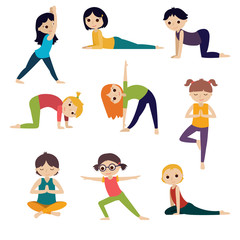 Girls and boys doing yoga. Cute yoga kids set.
