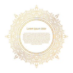 Round gold border frame. Mandala ornament. Can be used for decoration and design photo frame, menu, card, scrapbook, album. Vector Illustration. White background.