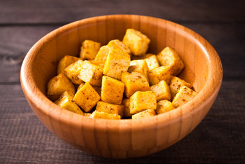 Cubes of fried tofu