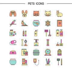 Vector flat line icons with pet shop symbols.
