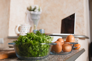 the kitchen background, sports men food, eggs, nuts, greenery, place for text