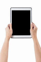 Hands holding tablet vertical white background. use clipping pat