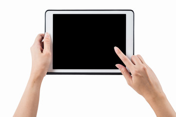 Hands holding tablet horizontal on white background. clipping pa