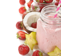 Cocktail with coconut milk and strawberries