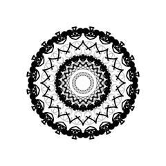 Round mandala drawn with black lines on a white background.  Vector symmetrical ornament.