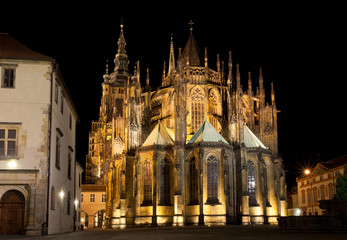 Cathedral of St.Vitus in "Prazsky hrad" in Prague. Night lighting of the Cathedral makes it particularly magnificent