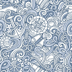 Cartoon hand-drawn nautical doodles seamless pattern