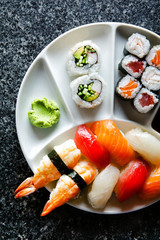 sushi Plate with Sushi Set nigiri and sushi rolls , maki, soy sa