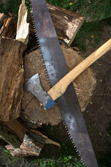 cutting trees for firewood, hand saw cutting
