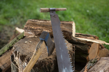 cutting trees for firewood, hand saw cutting 
