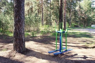 Fototapeta premium A sports trainer standing in the Park. Athletic trainer in the Park. Sports training apparatus for feet. 