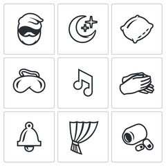 Vector Set of Sleep and Rest Icons. Man, Night, Pillow, Mask, Lullaby, Palm, Clock, Curtain, Sleeping Pills.